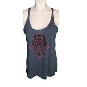 Think Positive Womens Blue Graphic Hamsa Hand Third Eye Good Luck Tank Top Sz L